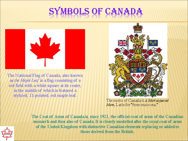 Symbols of Canada The National Flag of Canada, also known as the Maple Leaf